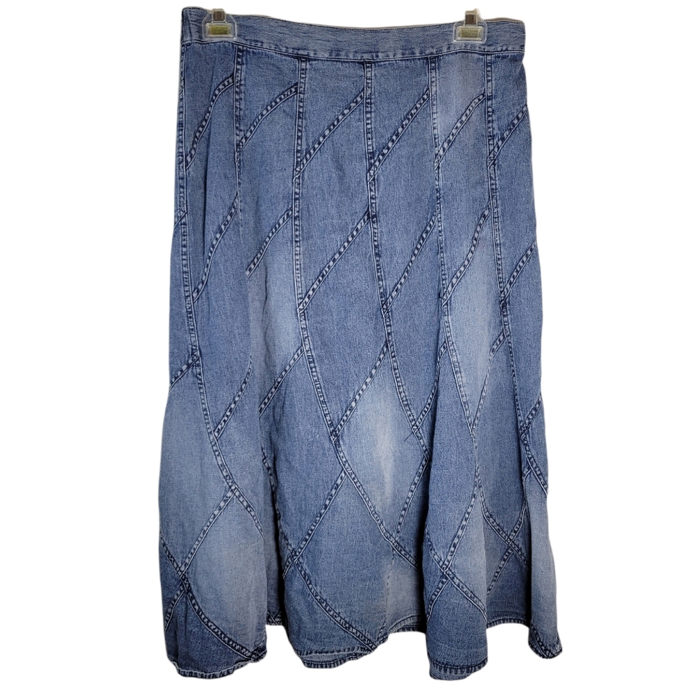 Vintage Blue Patchwork Denim Midi Skirt